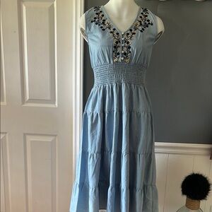 Embroidered Blue Sleeveless Dress